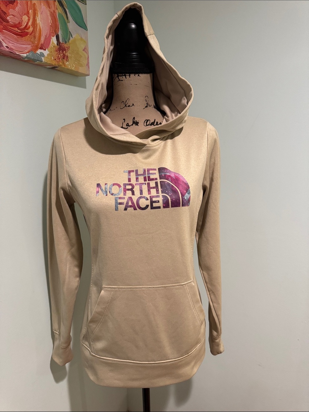 The North Face Women's Tan Hoodie with Pink Logo size medium